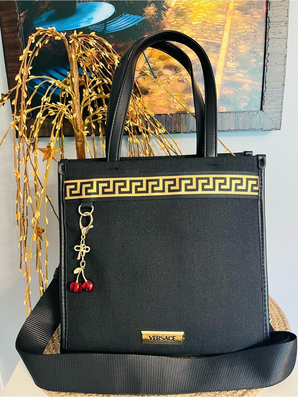Versace Black Tote with Gold Greek Key and Cherry Charm